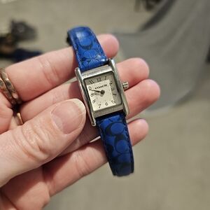 COACH Blue Signature Pattern Leather Strap Rectangular Watch